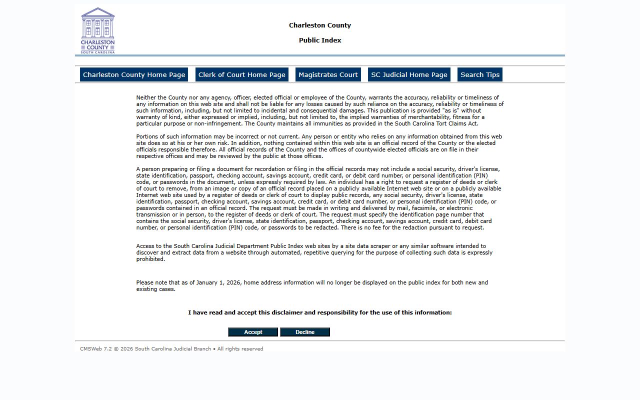 Charleston County Public Index portal for criminal court records search