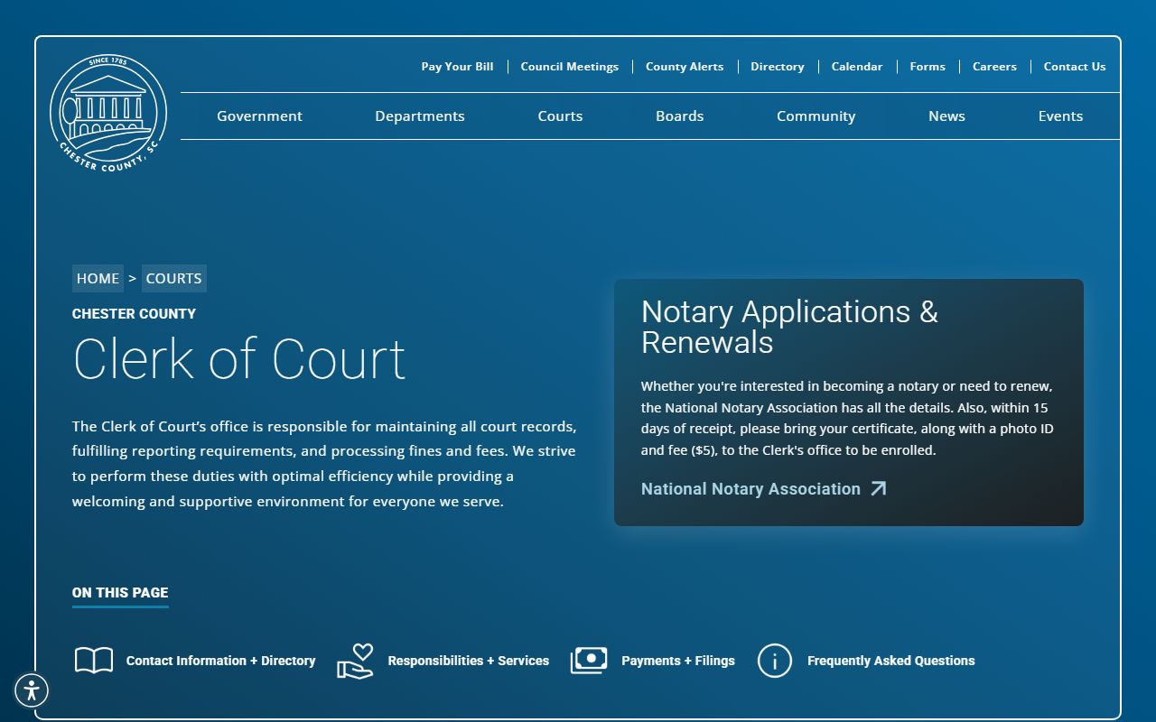 Chester County Clerk of Court office website for criminal court records