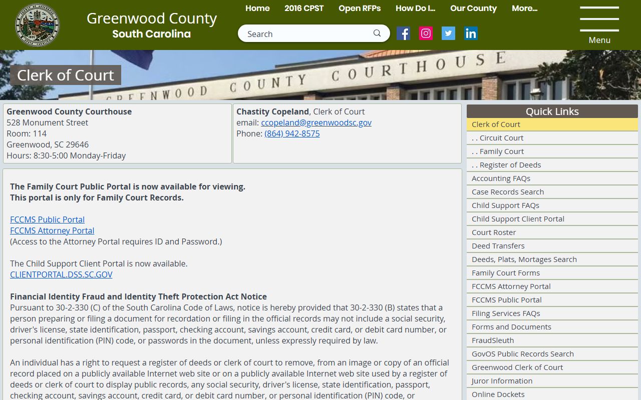 Greenwood County Clerk of Court office for Greenwood criminal court records